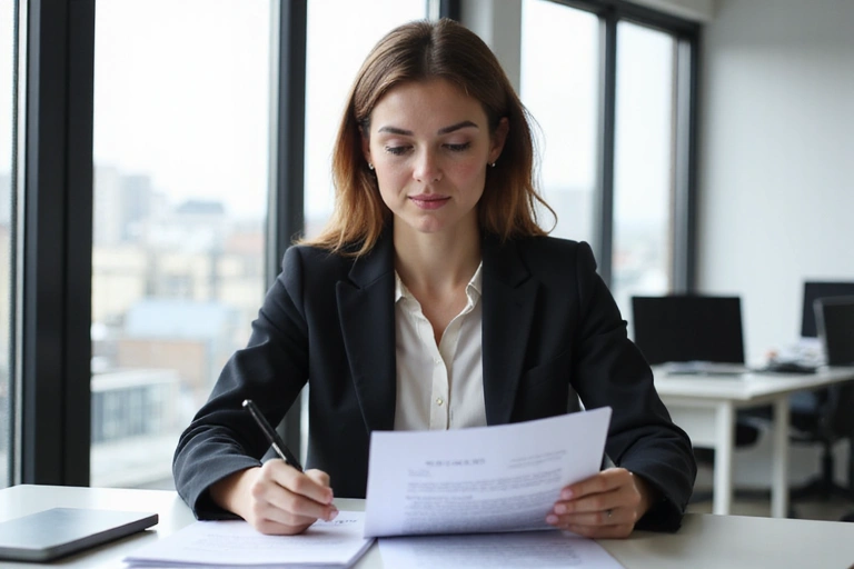 Kobieta czytająca dokumenty prawne